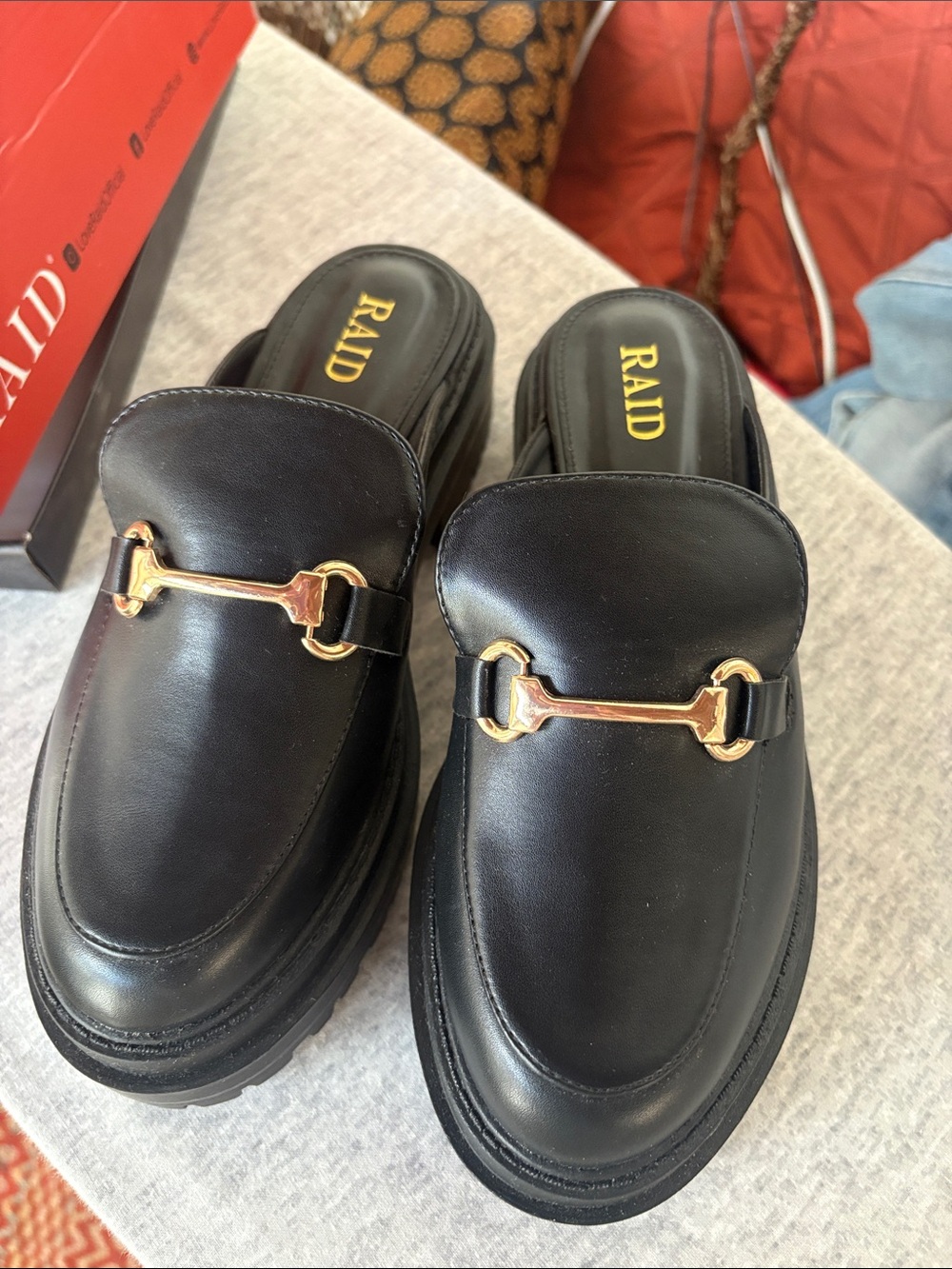 RAID Women's Black Leather Slip-On Loafer Mules with Gold Bit